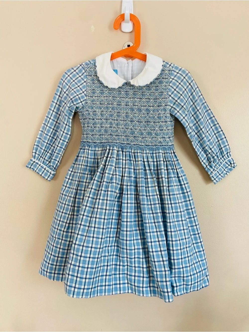 Anavini Vintage Style Smocked Plaid Dress Blue White Peter Pan Collar Size 3
